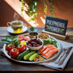 Vibrant Mediterranean diet spread featuring colorful vegetables, olive oil, fish, nuts, and green tea - highlighting the polyphenol-rich foods that specifically target visceral fat