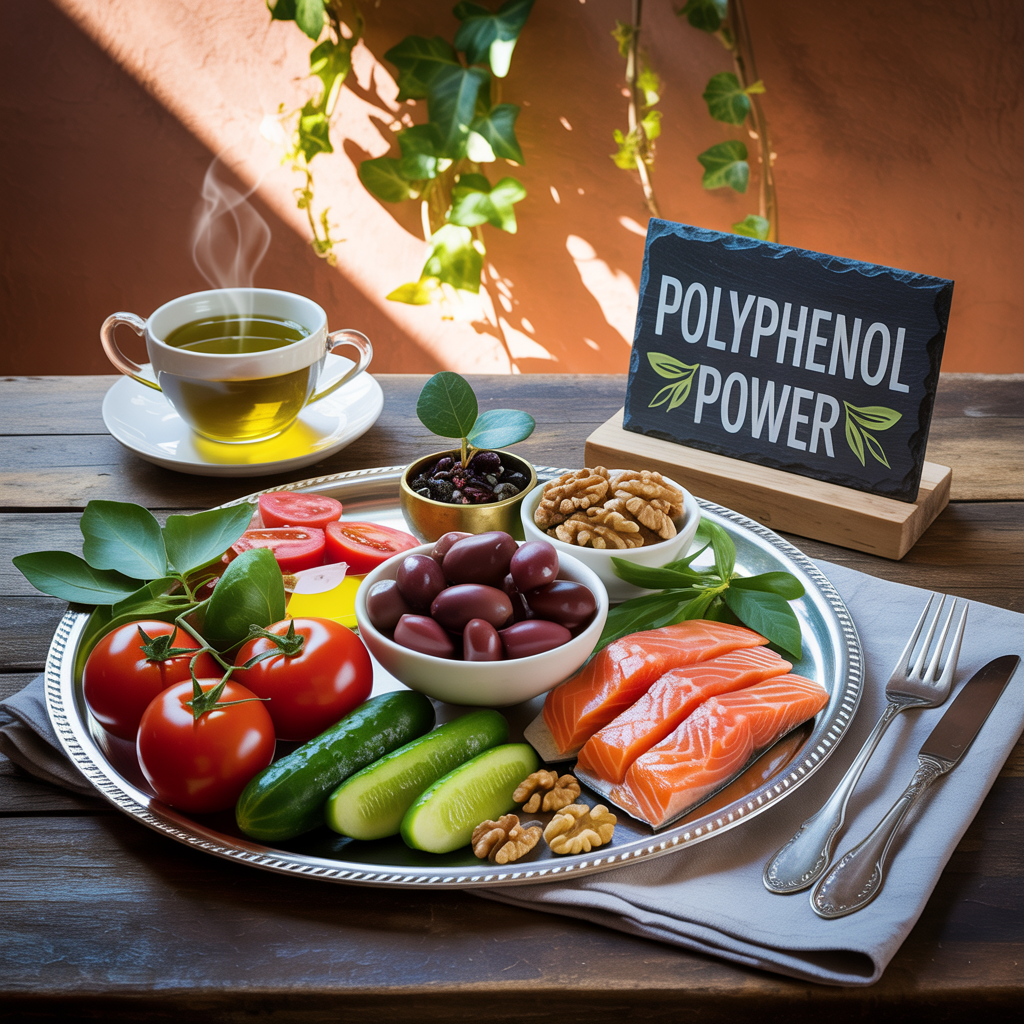 Vibrant Mediterranean diet spread featuring colorful vegetables, olive oil, fish, nuts, and green tea - highlighting the polyphenol-rich foods that specifically target visceral fat