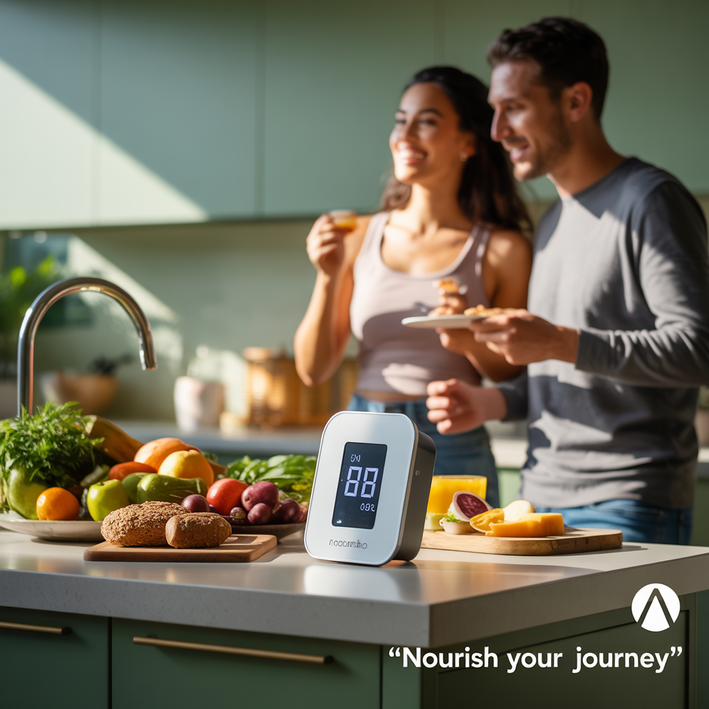 an image showing a digital weight calculator surrounded by healthy food items